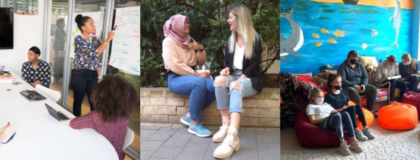 Three images. The first shows a woman leading a workshop with two others listening. The second is two young women sitting outside having a conversation and laughing. The third is a group of young people wearing face masks and watching something.