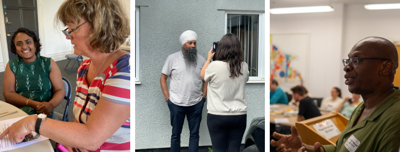 Three photographs. From left to right, the first is of two women in a workshop, the second is of a gentleman sharing is story with a lady holding a tablet, the third is of a man delivering a conference workshop.