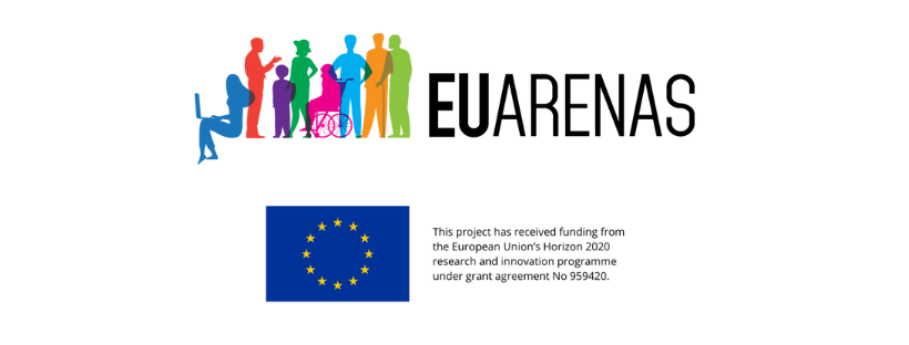 Logo for the EUARENAS project featuring a diverse group of silhouetted people in bright colours. Below this is a funder logo.