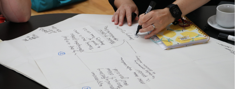 A person's hands are visible, holding a pen and drawing a Ripple Effect Map on Flipchart paper.