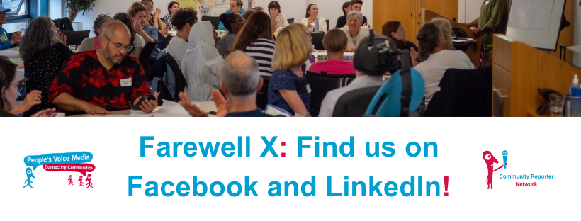 Farewell X: Find us on Twitter and LinkedIn - a picture from our 2023 conference is above the text. It is a room full of people all sat around tables facing Tony - our board member at the front of the room presenting ideas.