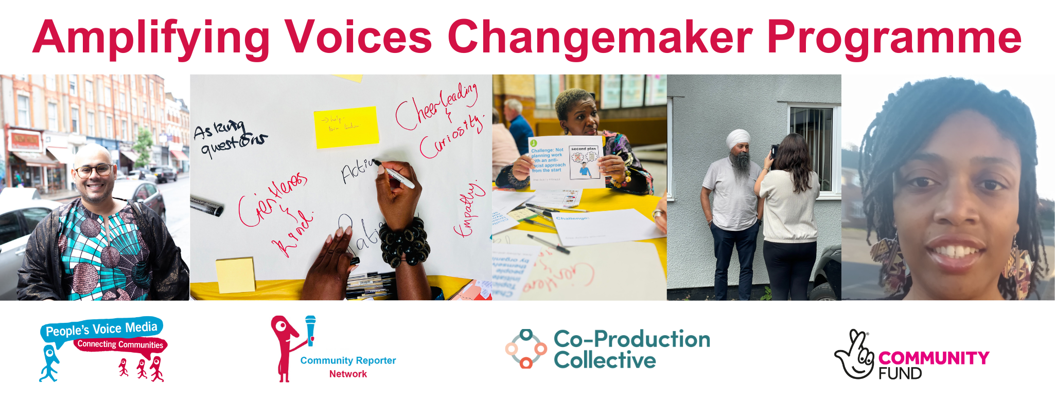 'Amplifying Voices Changemaker Programme' With 5 images displayed underneath including from left to right: 1. A portrait of Isaac. 2. A photograph of someones hands writing down notes on a piece of flipchart paper stating 'ask questions' 'gentleness and kind' 'cheerleading & curiosity' 'empathy' 'activism'. 3. Someone holding a piece of paper with some text and an image. The text states: 'Challenge: Not planning work with anti-racist approach from the start'. The image depicts a cartoon character with thought bubbles above their head. One bubble contains a crossed out image of a plan, the other thought bubble a plan that hasn't been crossed out. 4. An image of a man being interviewed and recorded. The man is wearing a turban. 5. A portrait of Cecily.