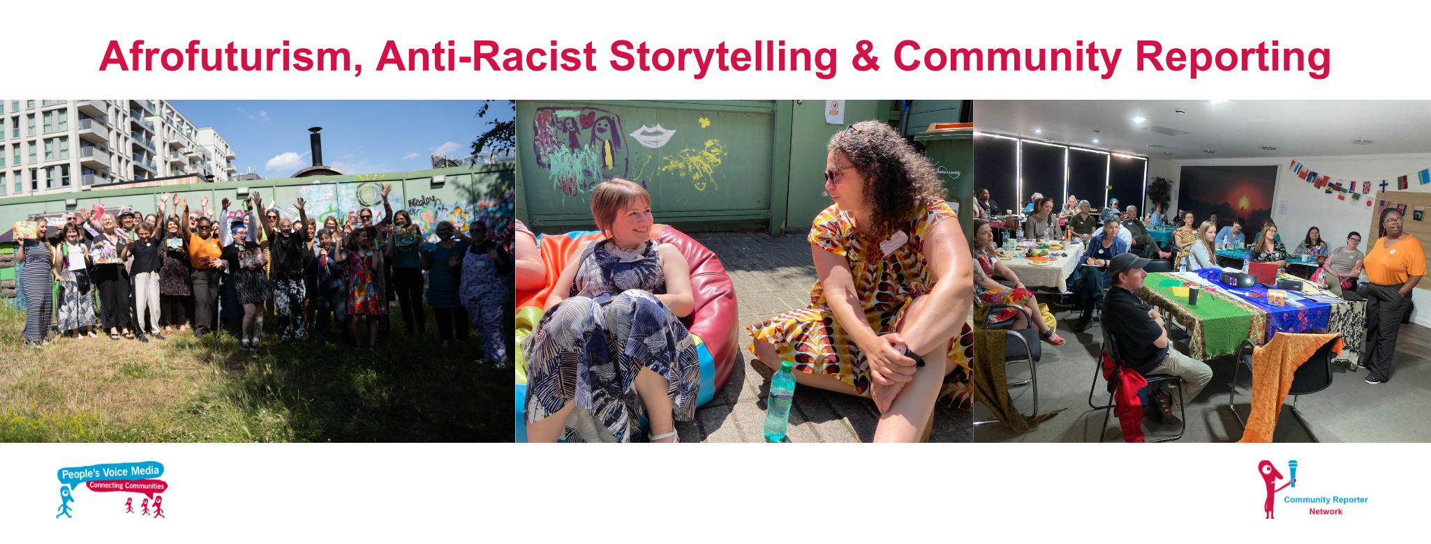 A series of three images taken at the 2025 afrofuturism conference. The first is a group shot of all attendees stood outside in a grassy area smiling at the camera. The second is two ladies sat speaking with one another, the last is a shot of the room listening to temidayo present at the front of the room.