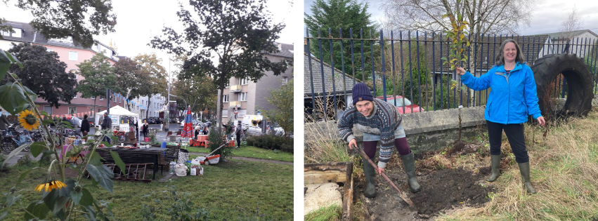 Two images side by side showing different community spaces - a green space in an urban area with communal seating being used for a community event, and two people digging in a community garden.