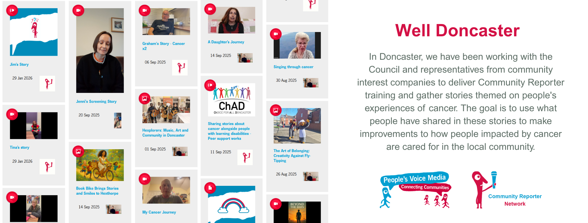 A screenshot of the Well Doncaster page on the Community Reporter website. There are 14 thumbnails of videos showing storytellers who have shared their story as part of this project.
