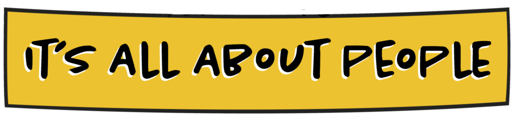 It's All About People Logo - a yellow banner with black handwritten-style text in capitals.