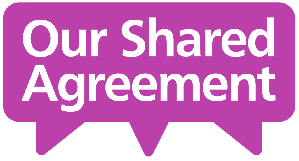 Our Shared Agreement Logo - white text in a purple speech bubble, with triangles indicating that the speech is coming from multiple mouths.