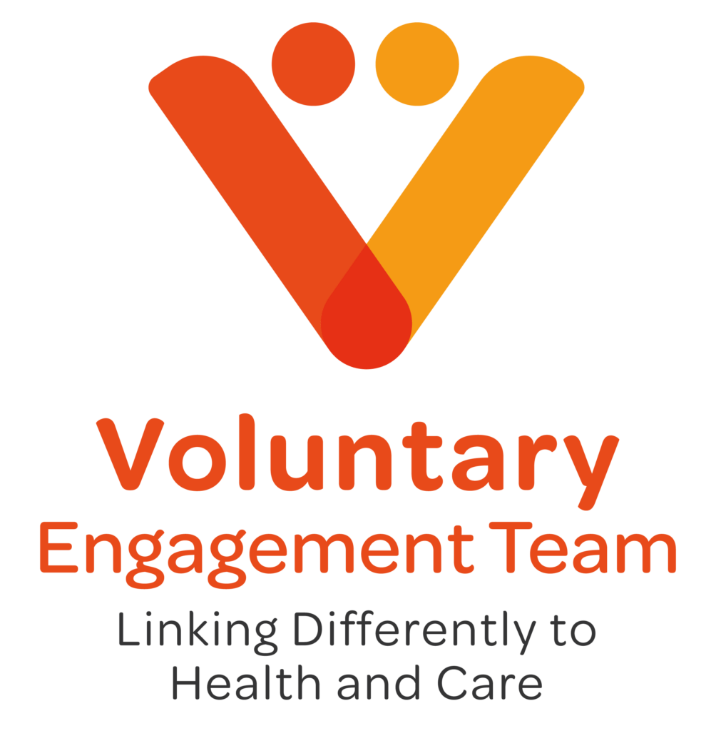 Logo for Lincolnshire Voluntary Engagement Team - Linking Differently to Health and Care. The logo has an orange colour scheme and is a V-shape that can also be read as two people holding hands with their heads together.