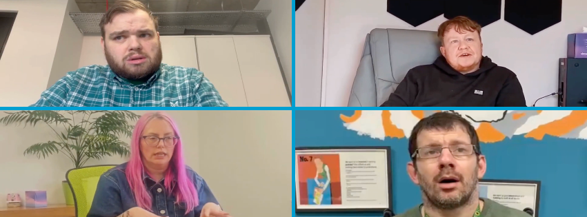 An image grid showing screenshots from four videos where people with learning disabilities and carers are sharing their lived experience to camera in Community Reporting interviews. The people are a white man in a beard and a checked shirt, a person wearing a black hoodie, a woman with bright pink hair and a man with facial hair, glasses and a sunflower lanyard.